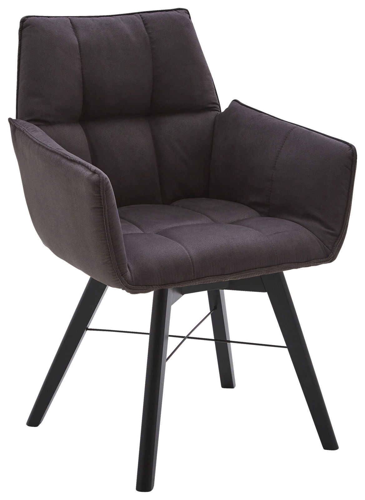Moderner Armlehnenstuhl in dunklem Stoffbezug, seitliche Perspektive