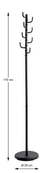 Schwarzer freistehender Garderobenständer aus Metall mit mehreren Haken und rundem Standfuß, Produktansicht von vorne; Höhe 170 cm, Fußdurchmesser 29 cm.