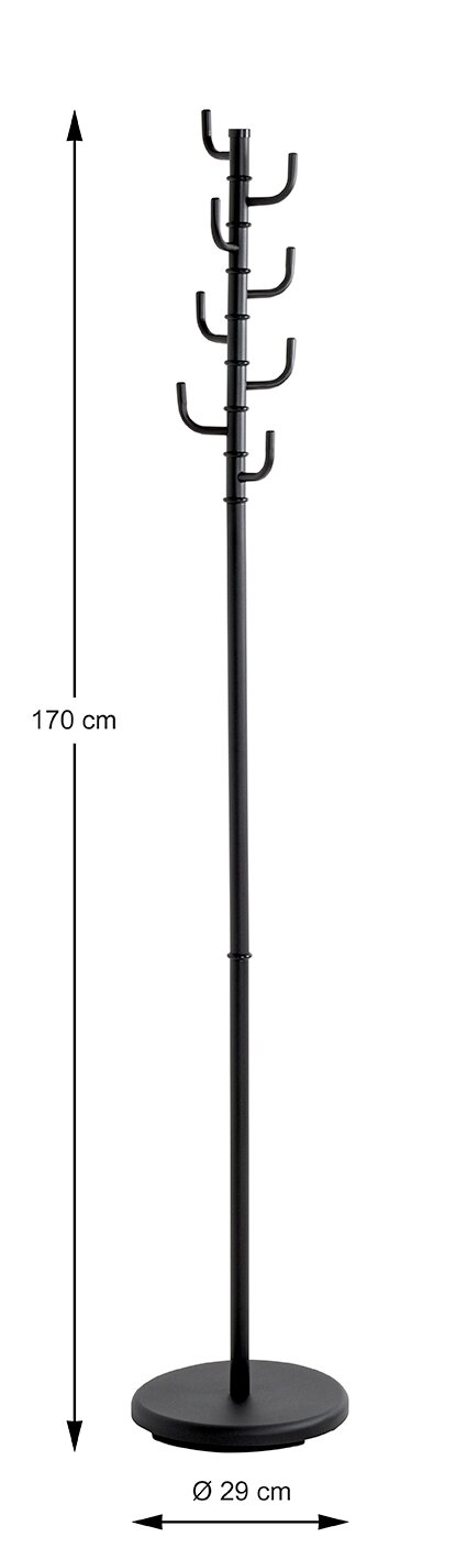 Schwarzer freistehender Garderobenständer aus Metall mit mehreren Haken und rundem Standfuß, Produktansicht von vorne; Höhe 170 cm, Fußdurchmesser 29 cm.