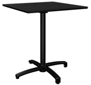 Schwarzer Bistrotisch mit quadratischer Tischplatte und stabilem Mittelfuß, seitliche Perspektive