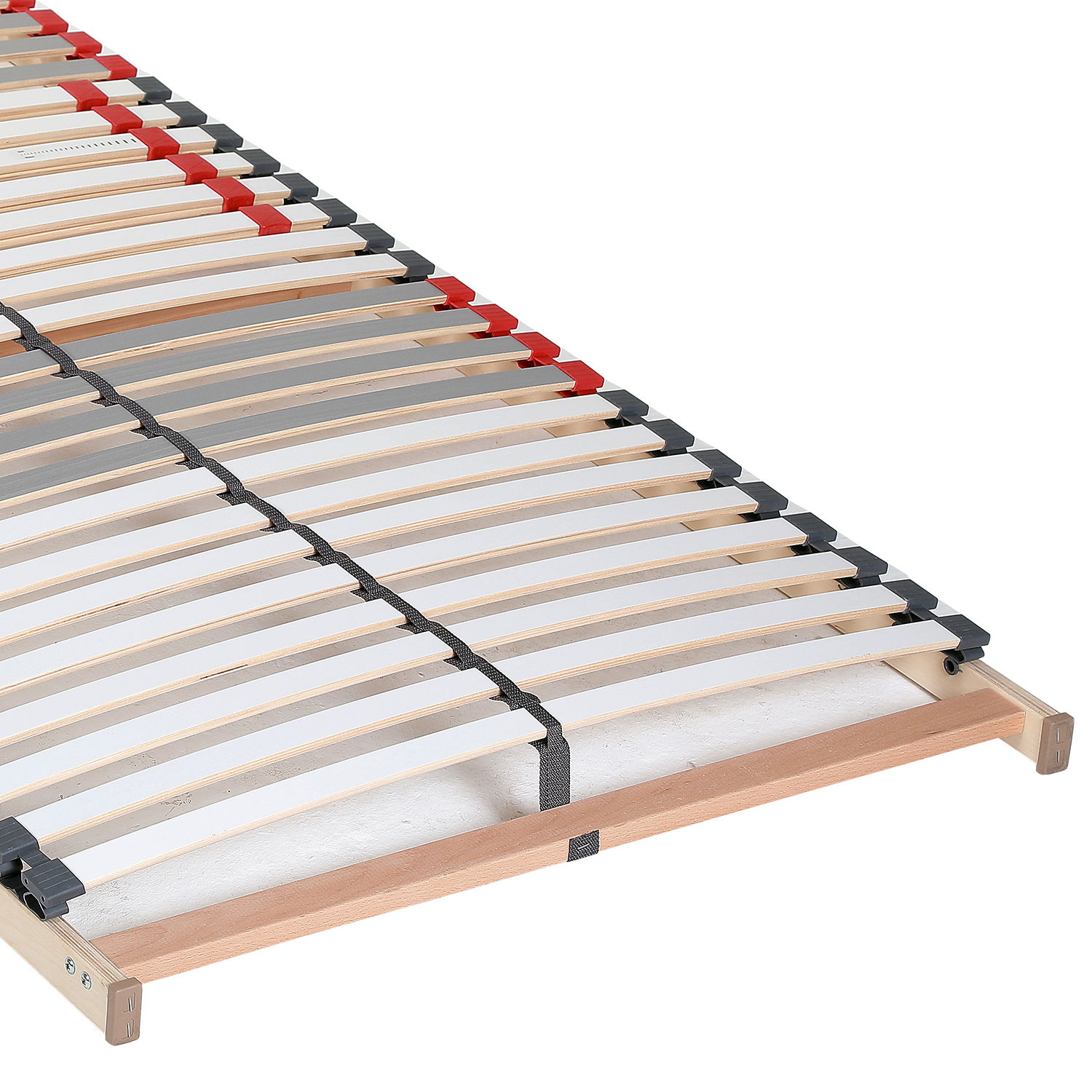 Lattenrost in schräger Perspektive mit verstellbaren Leisten und stabiler Holzrahmenkonstruktion