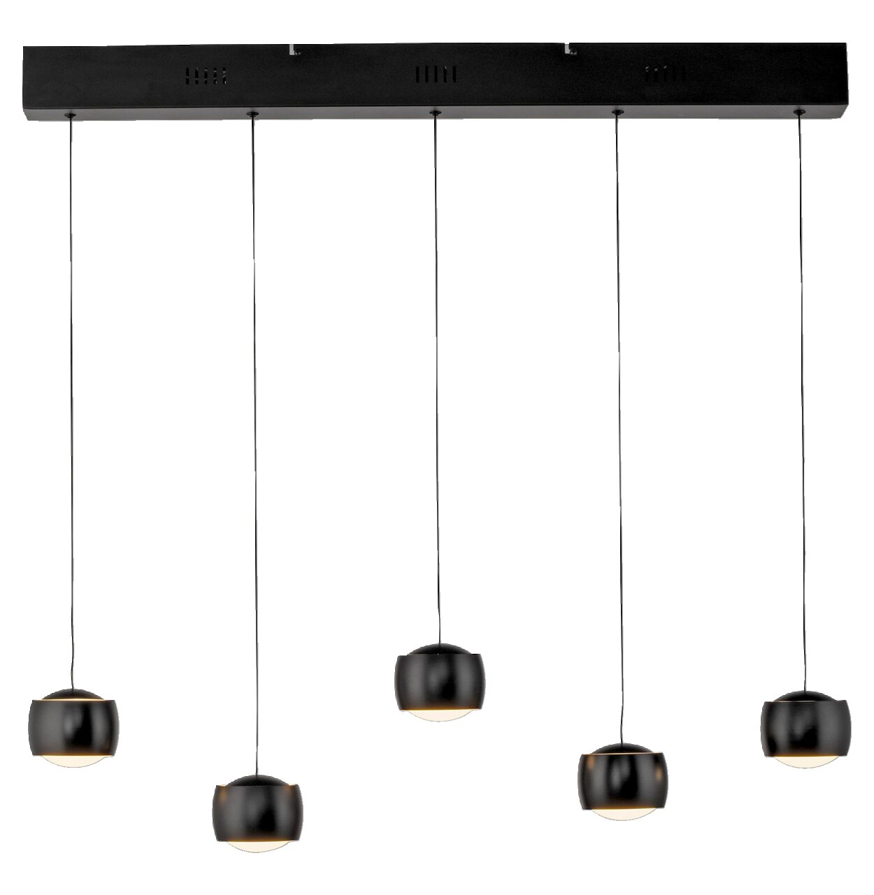 Moderne Pendelleuchte mit fünf schwarzen, kugelförmigen Lampenschirmen, von der Seite betrachtet.