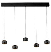 Moderne hanglamp met vijf zwarte, bolvormige lampenkappen, gezien vanaf de zijkant.