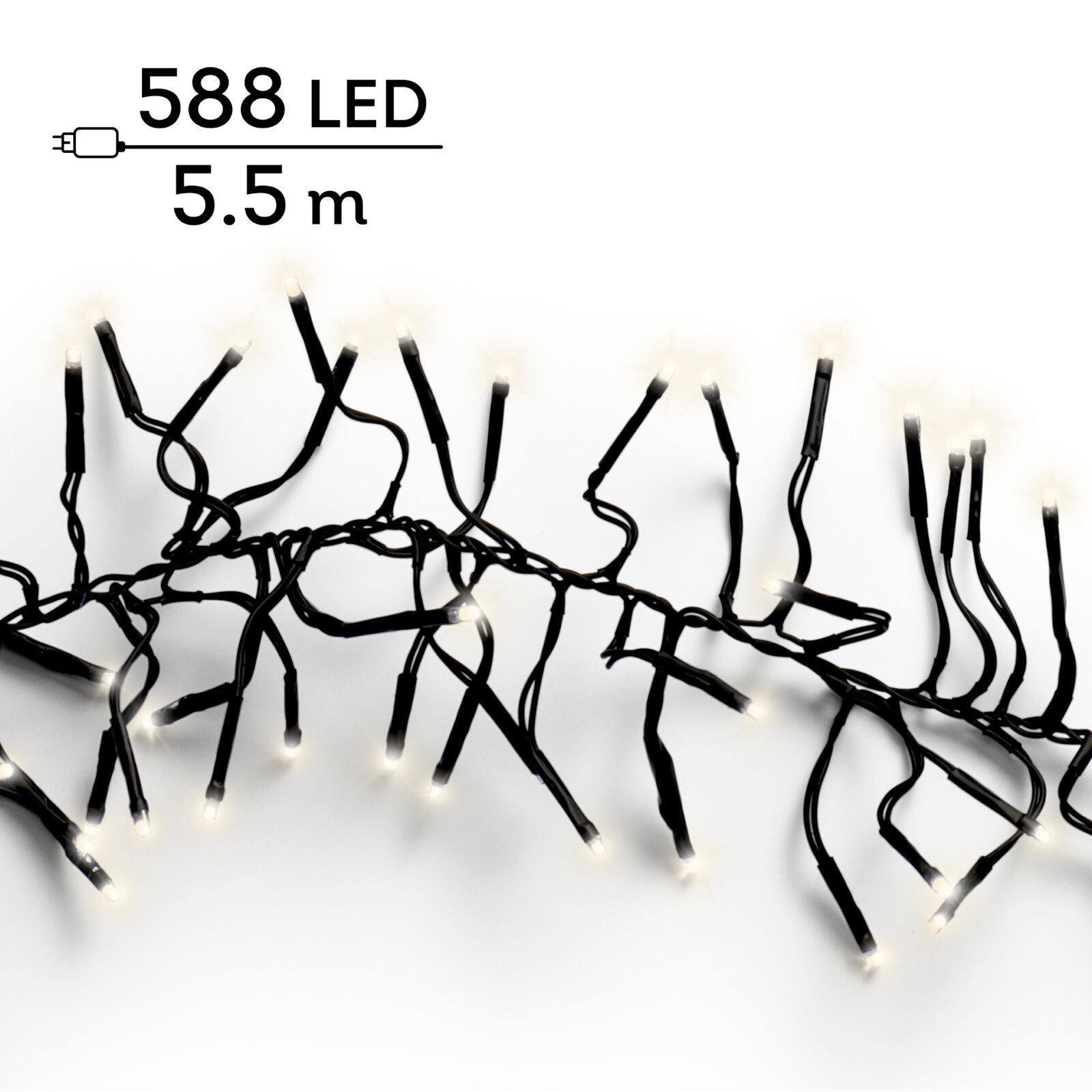 Bovenaanzicht van een 5,5 meter lange lichtslinger met 588 warmwitte leds en zwart snoer op een witte achtergrond