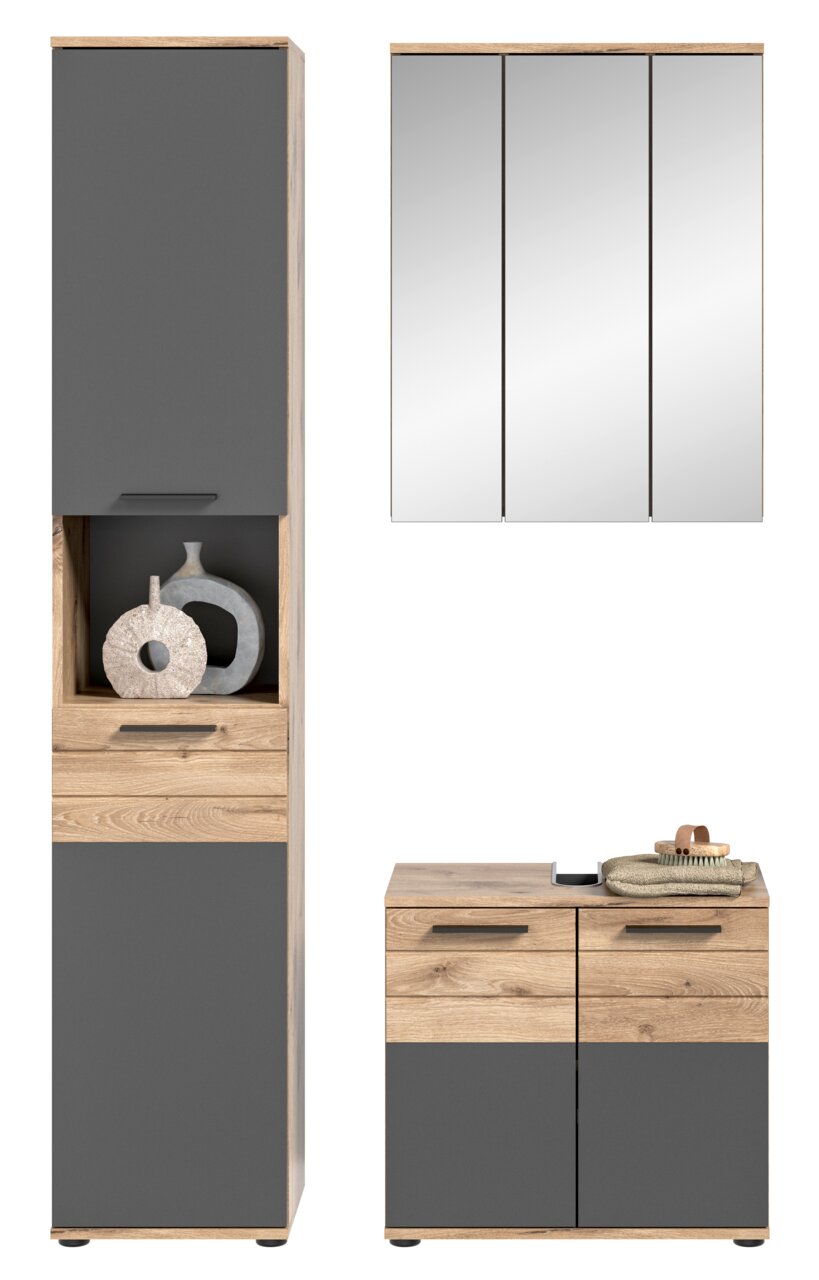 Badezimmermöbel-Set in moderner Holz- und Graukombination, bestehend aus einem hohen Schrank, einem Spiegelschrank und einem Unterschrank, frontal abgebildet.