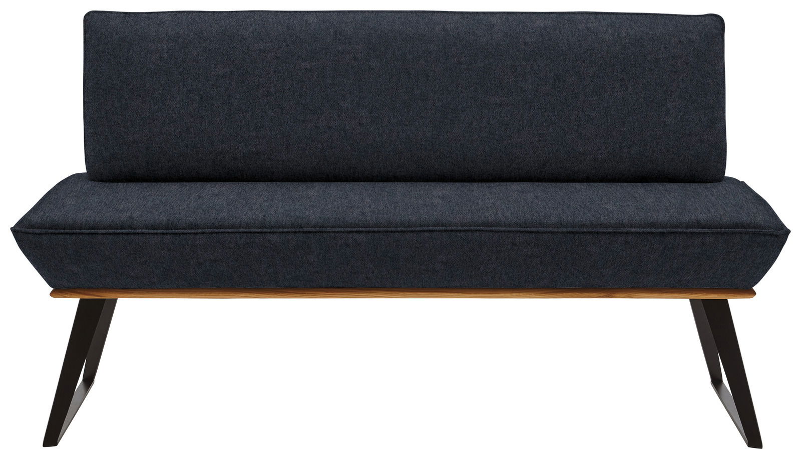 Moderne Bank mit dunkelgrauem Stoffbezug und Holzbeinen, Frontalansicht