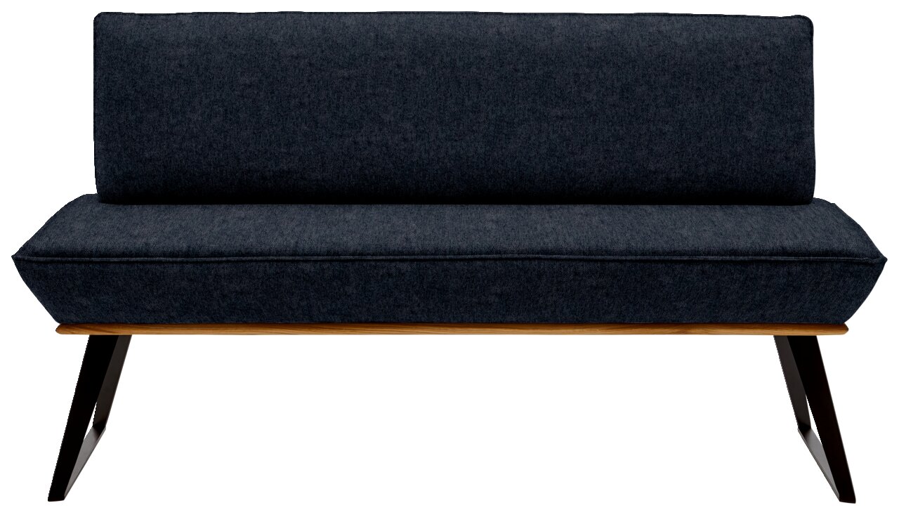 Moderne Bank mit dunkelgrauem Stoffbezug und Holzbeinen, Frontalansicht