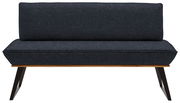 Moderne Bank mit dunkelgrauem Stoffbezug und Holzbeinen, Frontalansicht