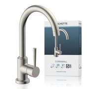 Moderne Spültischarmatur in Edelstahloptik, seitliche Ansicht mit Verpackung im Hintergrund.