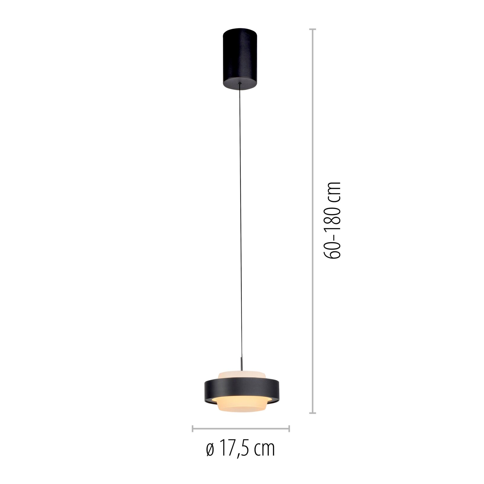 Schwarze zylindrische Pendelleuchte mit warmweißem Diffusor, Abhängung 60–180 cm und Durchmesser 17,5 cm, freigestellt in Frontansicht.