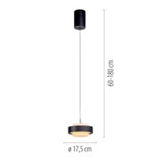 Schwarze zylindrische Pendelleuchte mit warmweißem Diffusor, Abhängung 60–180 cm und Durchmesser 17,5 cm, freigestellt in Frontansicht.