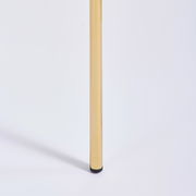 Nahaufnahme eines goldenen Stuhlbeins mit schwarzem Fuß auf weißem Hintergrund, seitliche Perspektive