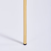 Nahaufnahme eines goldenen Stuhlbeins mit schwarzem Fuß auf weißem Hintergrund, seitliche Perspektive