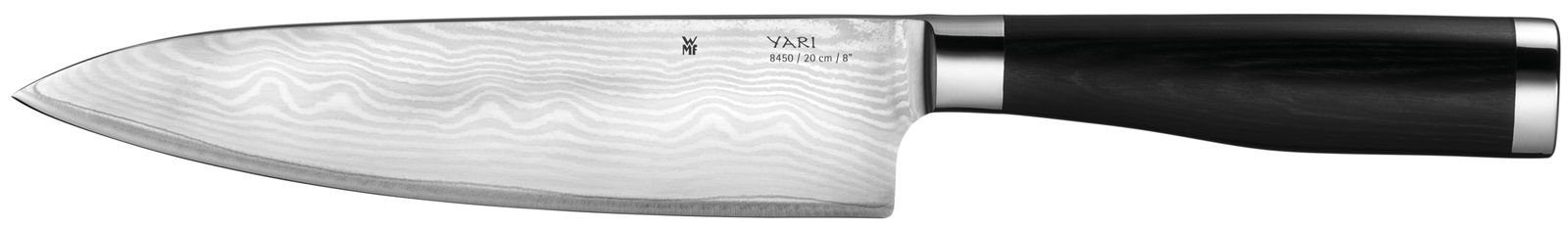 Seitenansicht eines Yari Messers mit Damastklinge und dunklem Griff.