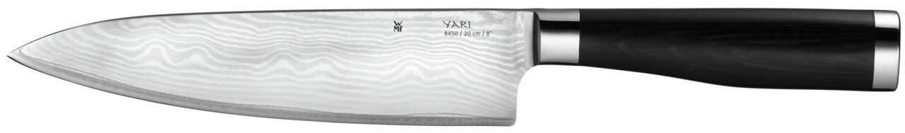 Seitenansicht eines Yari Messers mit Damastklinge und dunklem Griff.