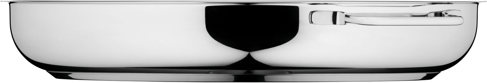 Seitliche Ansicht eines glänzenden Edelstahl-Extrabräters mit Griff.