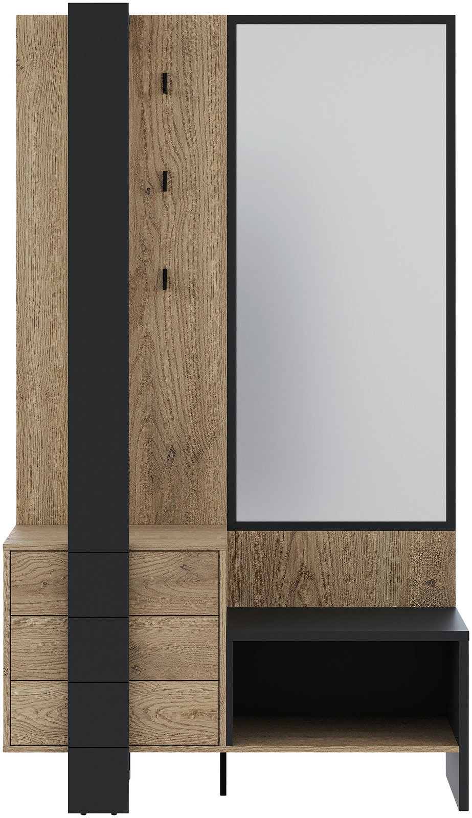 Kompaktgarderobe aus Holz mit Spiegel, Schubladen und Haken, Frontalansicht