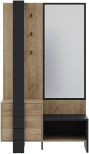 Kompaktgarderobe aus Holz mit Spiegel, Schubladen und Haken, Frontalansicht