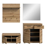 Garderoben-Set aus Holz mit Spiegel, bestehend aus einer Wandgarderobe mit Haken, einem Schuhschrank mit offenen Fächern und einem großen Spiegel, frontal abgebildet.