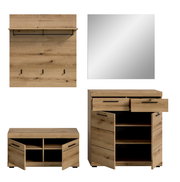 Garderoben-Set aus Holz mit Spiegel, bestehend aus einer Wandgarderobe mit Haken, einem Schuhschrank mit offenen Fächern und einem großen Spiegel, frontal abgebildet.