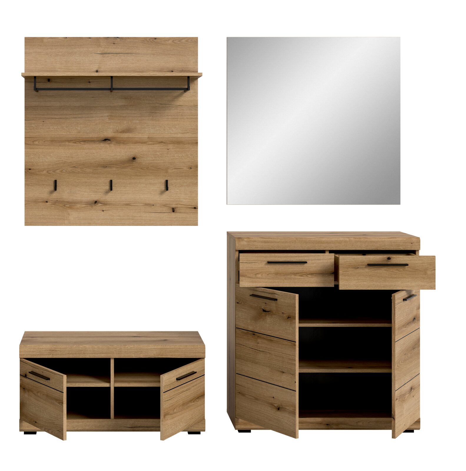 Garderoben-Set aus Holz mit Spiegel, bestehend aus einer Wandgarderobe mit Haken, einem Schuhschrank mit offenen Fächern und einem großen Spiegel, frontal abgebildet.