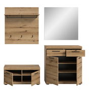 Garderoben-Set aus Holz mit Spiegel, bestehend aus einer Wandgarderobe mit Haken, einem Schuhschrank mit offenen Fächern und einem großen Spiegel, frontal abgebildet.
