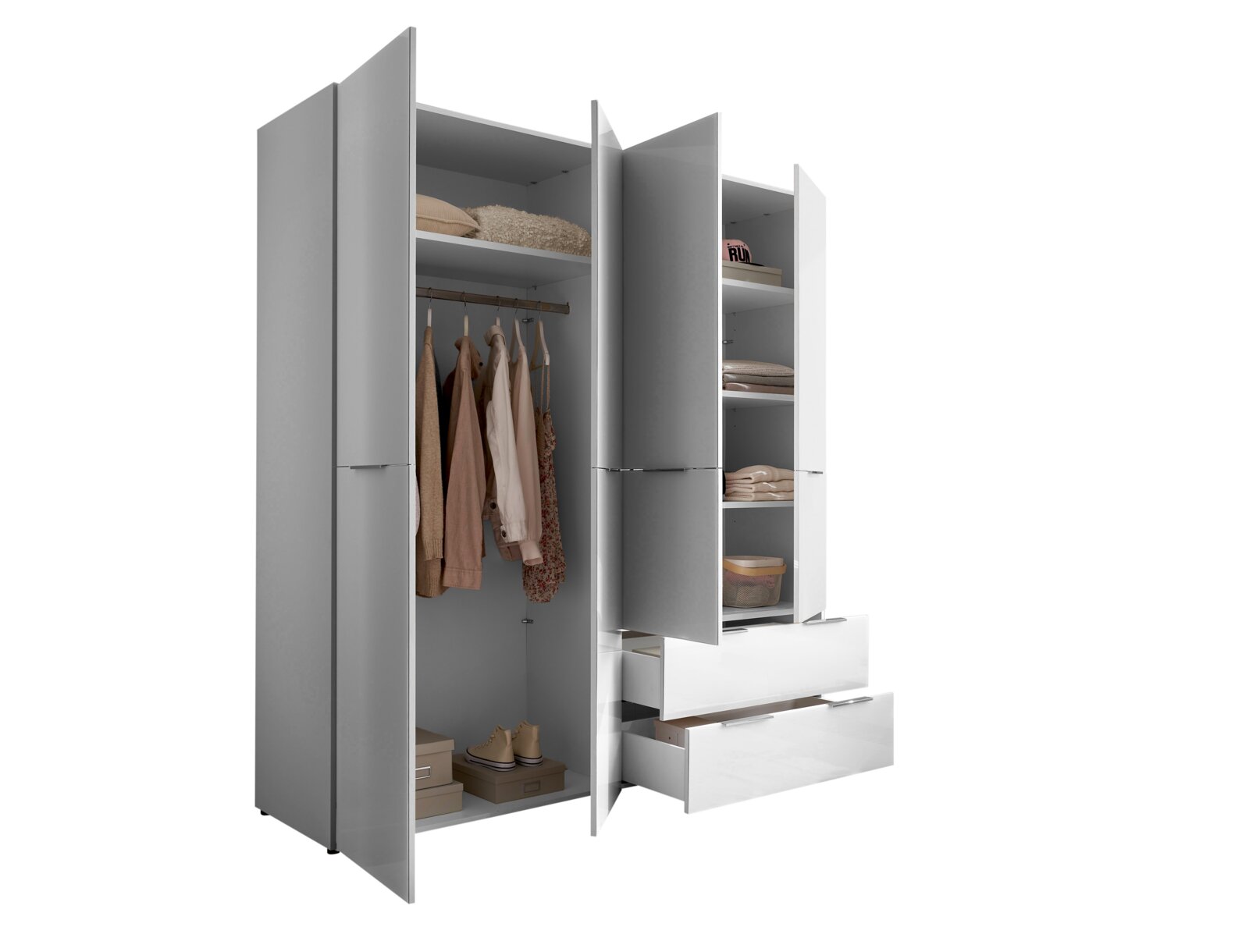 Geöffneter Kleiderschrank in Grau und Weiß mit Kleiderstange, Einlegeböden und zwei Auszügen, gezeigt in leicht schräger Frontansicht (3/4-Perspektive)