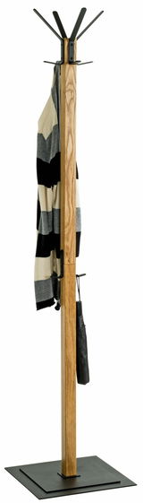 Moderner Garderobenständer aus Holz mit Metallhaken, frontal abgebildet, mit einem gestreiften Schal und einem Regenschirm.