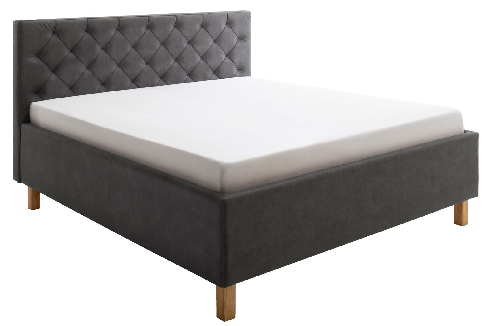 Graues Polsterbett mit gestepptem Kopfteil, seitliche Perspektive