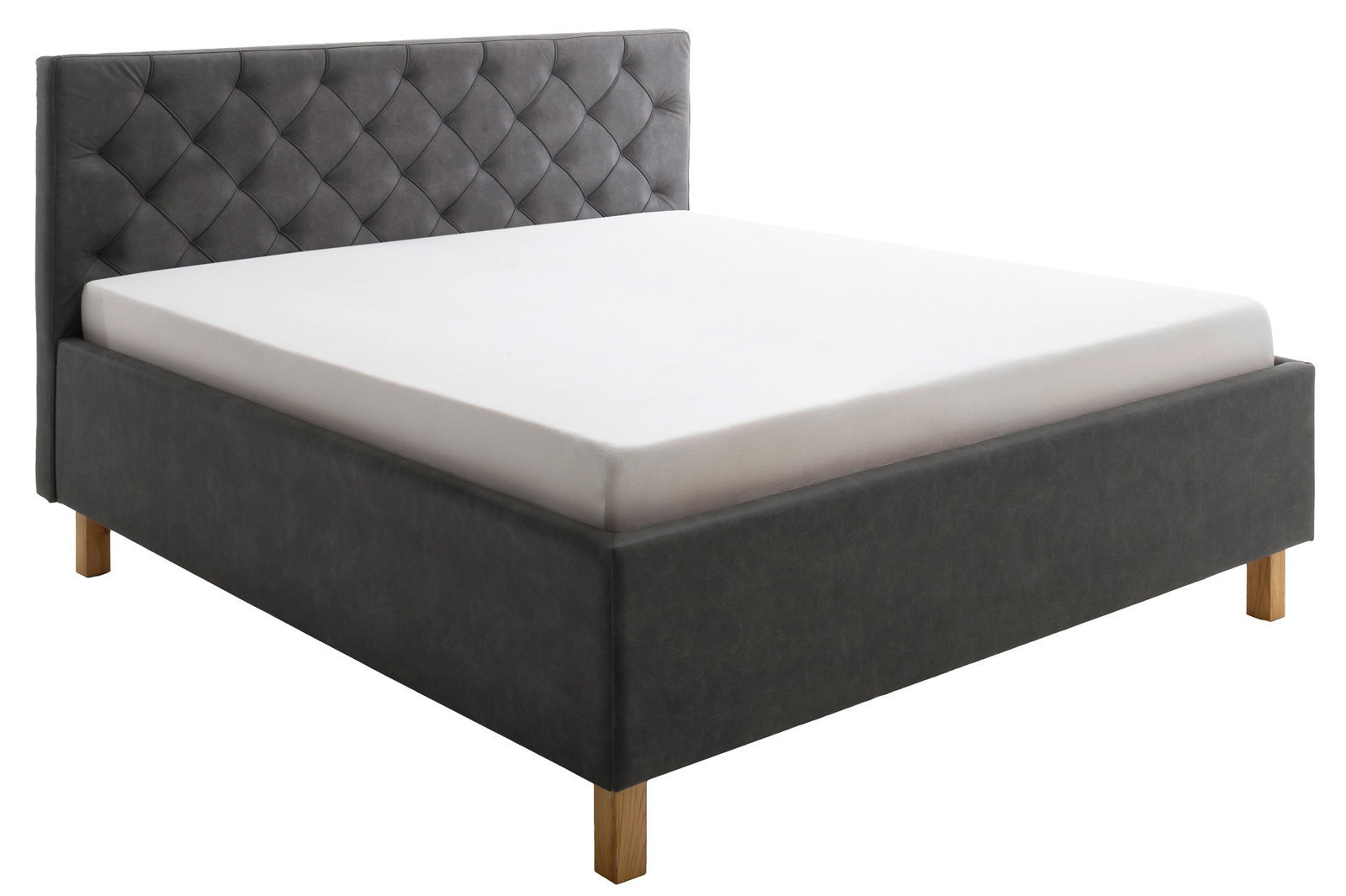 Graues Polsterbett mit gestepptem Kopfteil, seitliche Perspektive