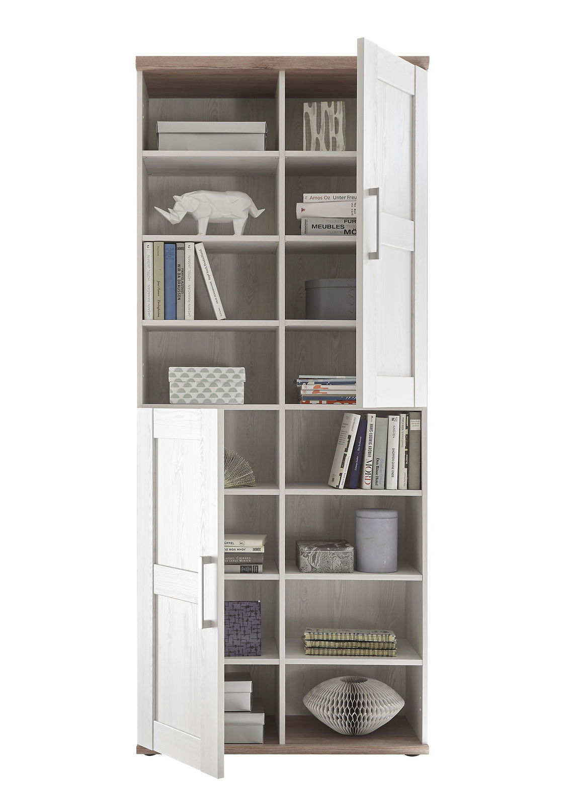 Mehrzweckschrank mit offenen und geschlossenen Fächern, frontal fotografiert