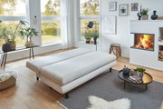 Modernes Funktionssofa Bern in einem hellen Wohnzimmer mit großen Fenstern, Pflanzen und einem Kamin, aus der Seitenperspektive fotografiert.