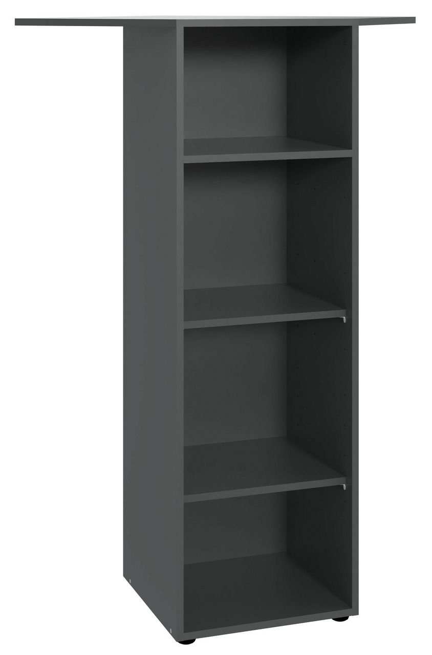 Graues Eckregal mit vier offenen Fächern, seitliche Perspektive