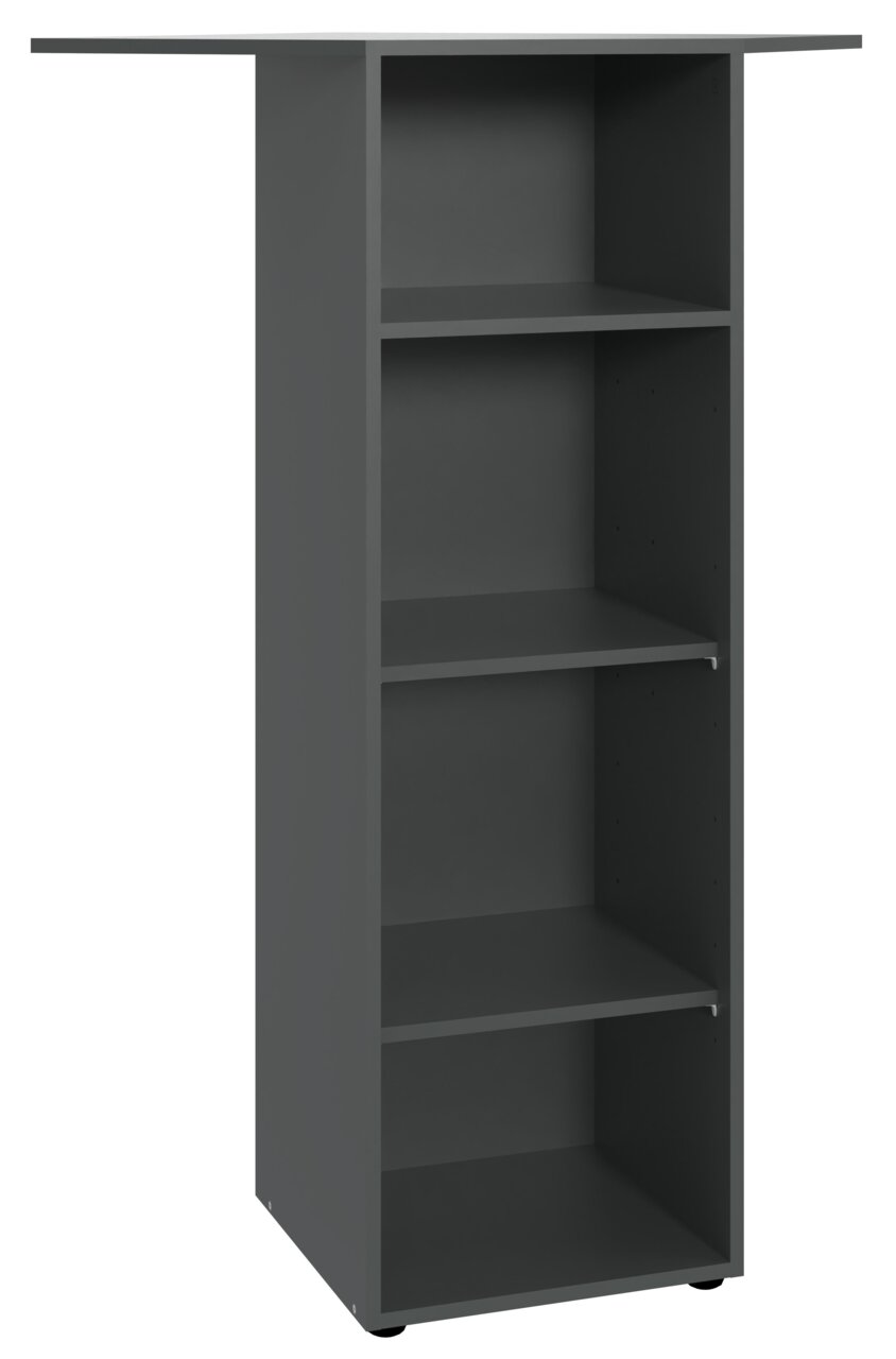 Graues Eckregal mit vier offenen Fächern, seitliche Perspektive