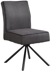 Moderner grauer Stuhl mit geripptem Stoffbezug und schwarzem Metallgestell, seitliche Perspektive