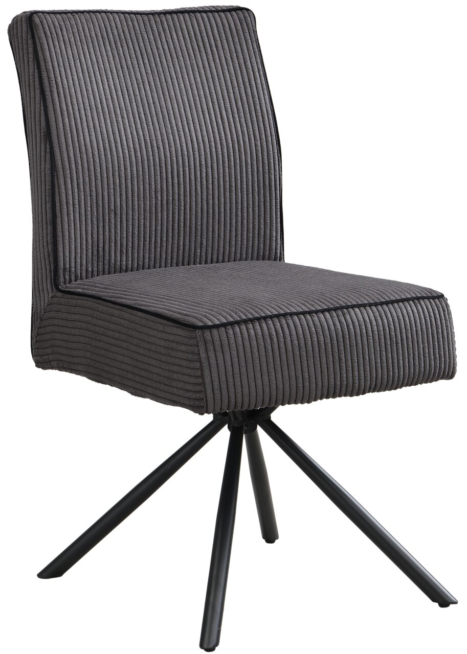 Moderner grauer Stuhl mit geripptem Stoffbezug und schwarzem Metallgestell, seitliche Perspektive