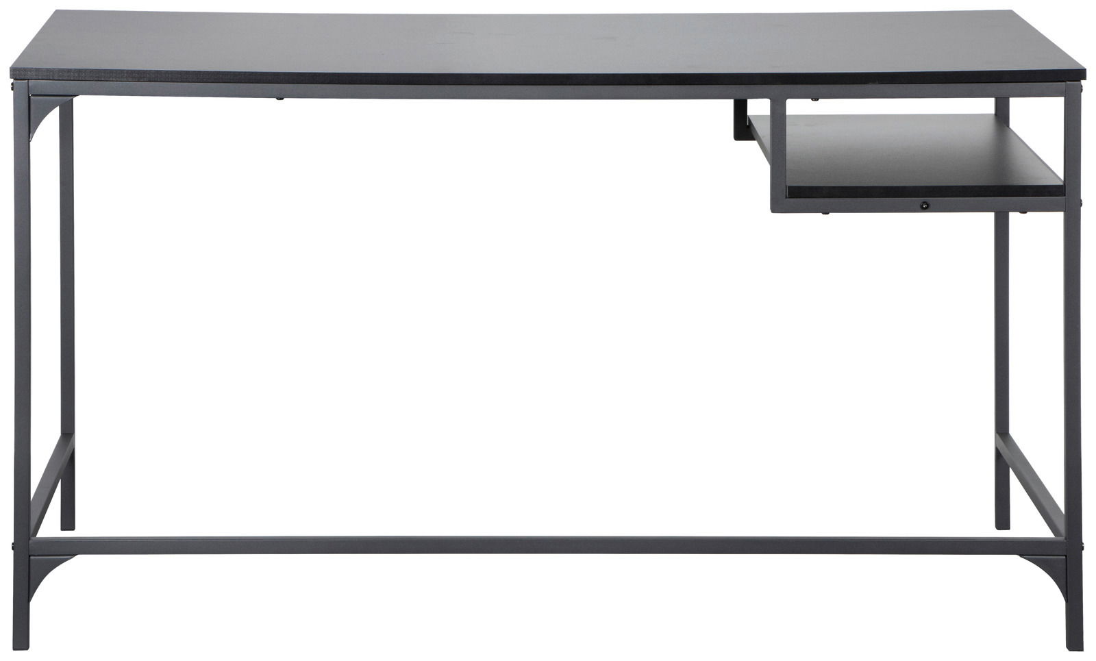 Moderner Schreibtisch mit schwarzer Tischplatte und Metallgestell, frontale Ansicht.