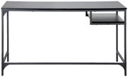 Moderner Schreibtisch mit schwarzer Tischplatte und Metallgestell, frontale Ansicht.