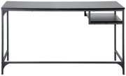 Moderner Schreibtisch mit schwarzer Tischplatte und Metallgestell, frontale Ansicht.