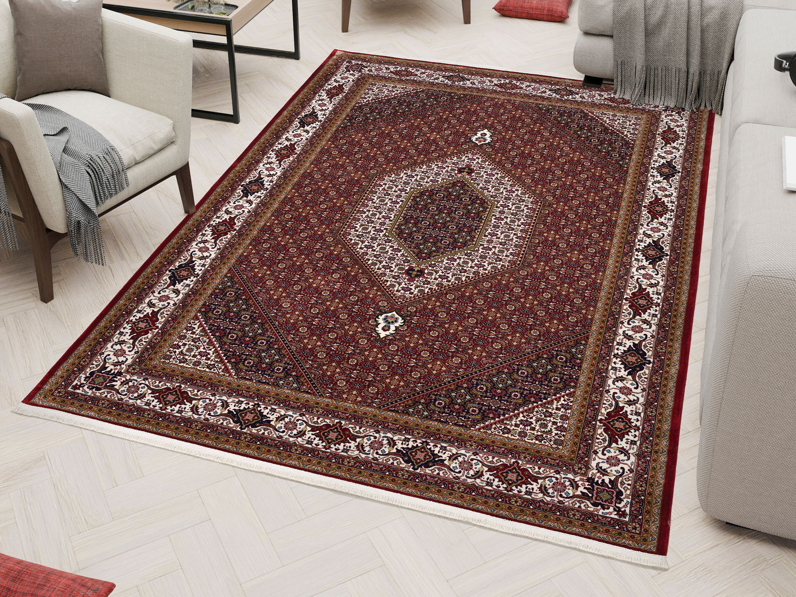Orientteppich CENTAURI BIDJAR in einem modernen Wohnzimmer, aus der Vogelperspektive betrachtet. Der Teppich hat ein reiches, rotes Muster mit detaillierten Bordüren.
