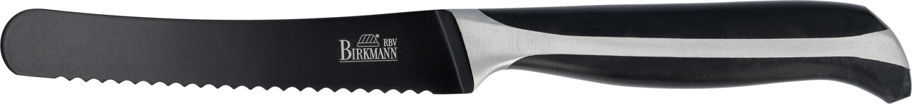 Brötchenmesser mit schwarzer, gezahnter Klinge und ergonomischem Griff, seitliche Ansicht