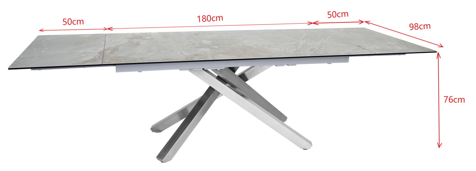 Moderner Esstisch mit ausziehbarer Tischplatte aus Steinoptik, seitliche Perspektive, Maße: 180 cm Länge, 98 cm Breite, 76 cm Höhe, mit 50 cm Verlängerung.