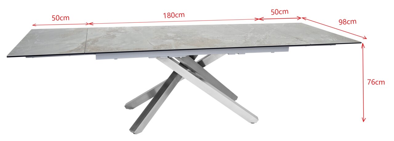 Moderne eettafel met uitschuifbaar tafelblad in steenlook, zijaanzicht, afmetingen: 180 cm lang, 98 cm breed, 76 cm hoog, met een verlenging van 50 cm.