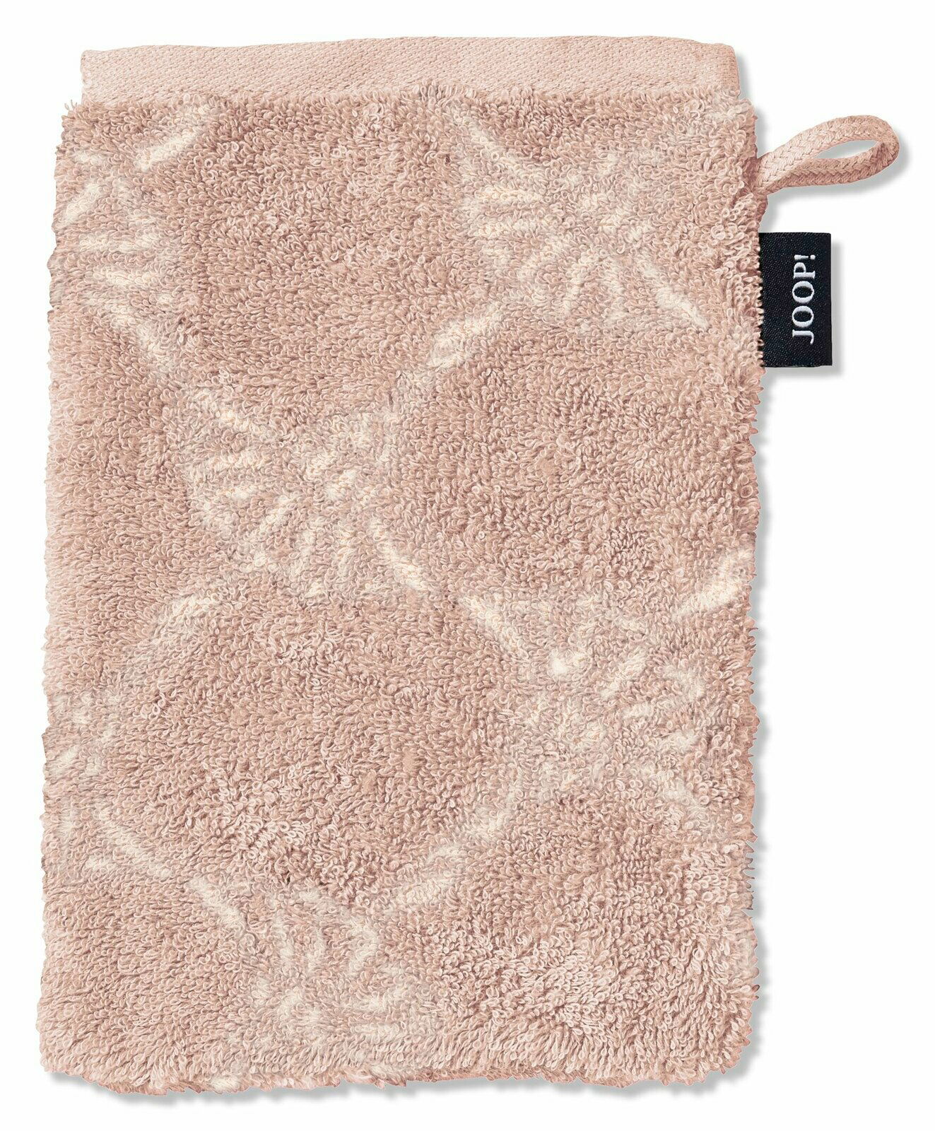 JOOP! Waschhandschuh CORNFLOWER Rosa Waschhandschuh mit floralem Muster und einer Schlaufe, von oben betrachtet