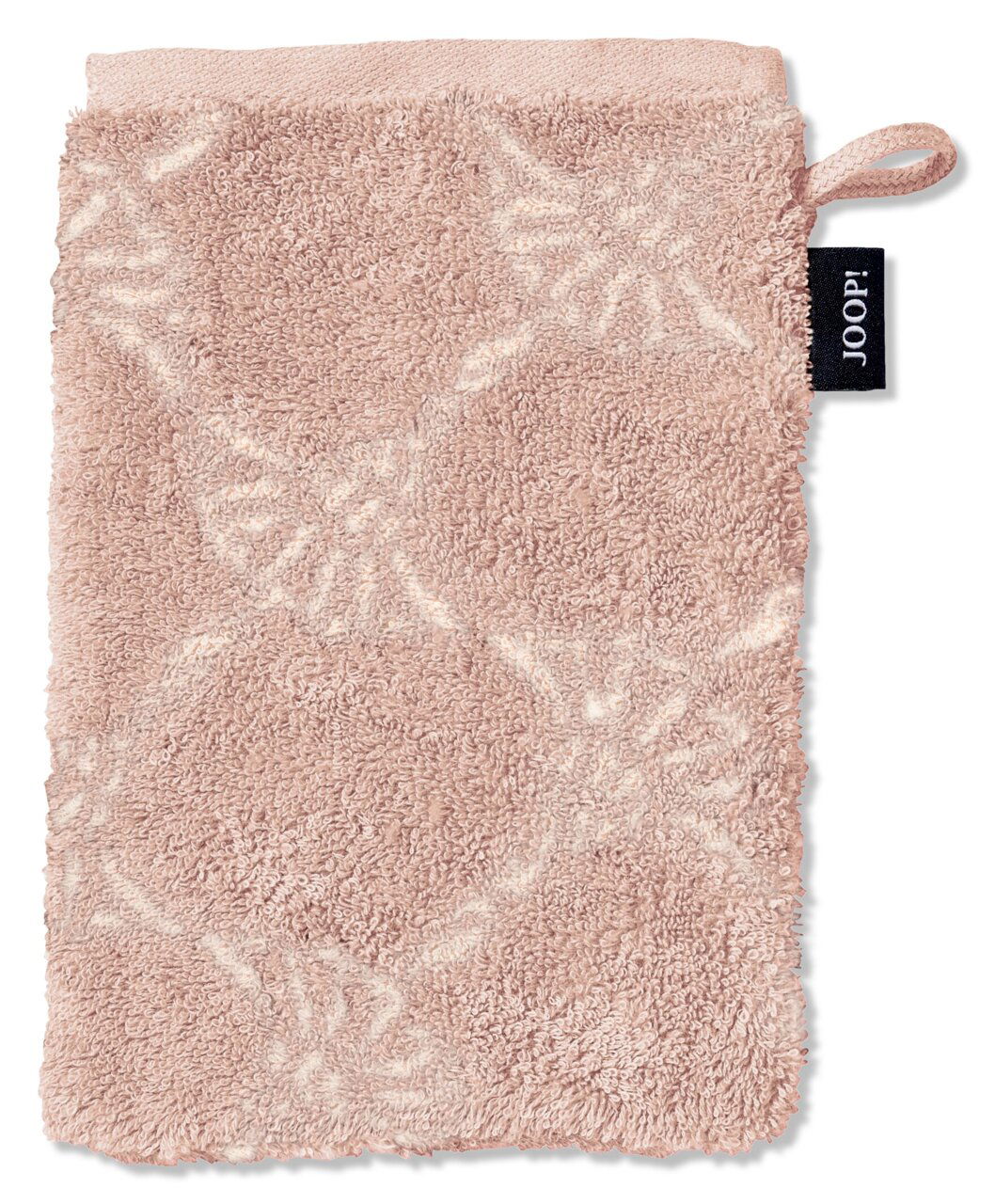JOOP! Waschhandschuh CORNFLOWER Rosa Waschhandschuh mit floralem Muster und einer Schlaufe, von oben betrachtet