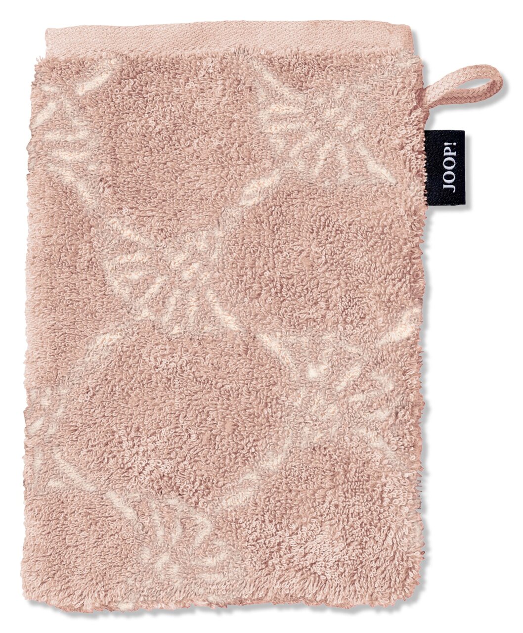 JOOP! Waschhandschuh CORNFLOWER Rosa Waschhandschuh mit floralem Muster und einer Schlaufe, von oben betrachtet