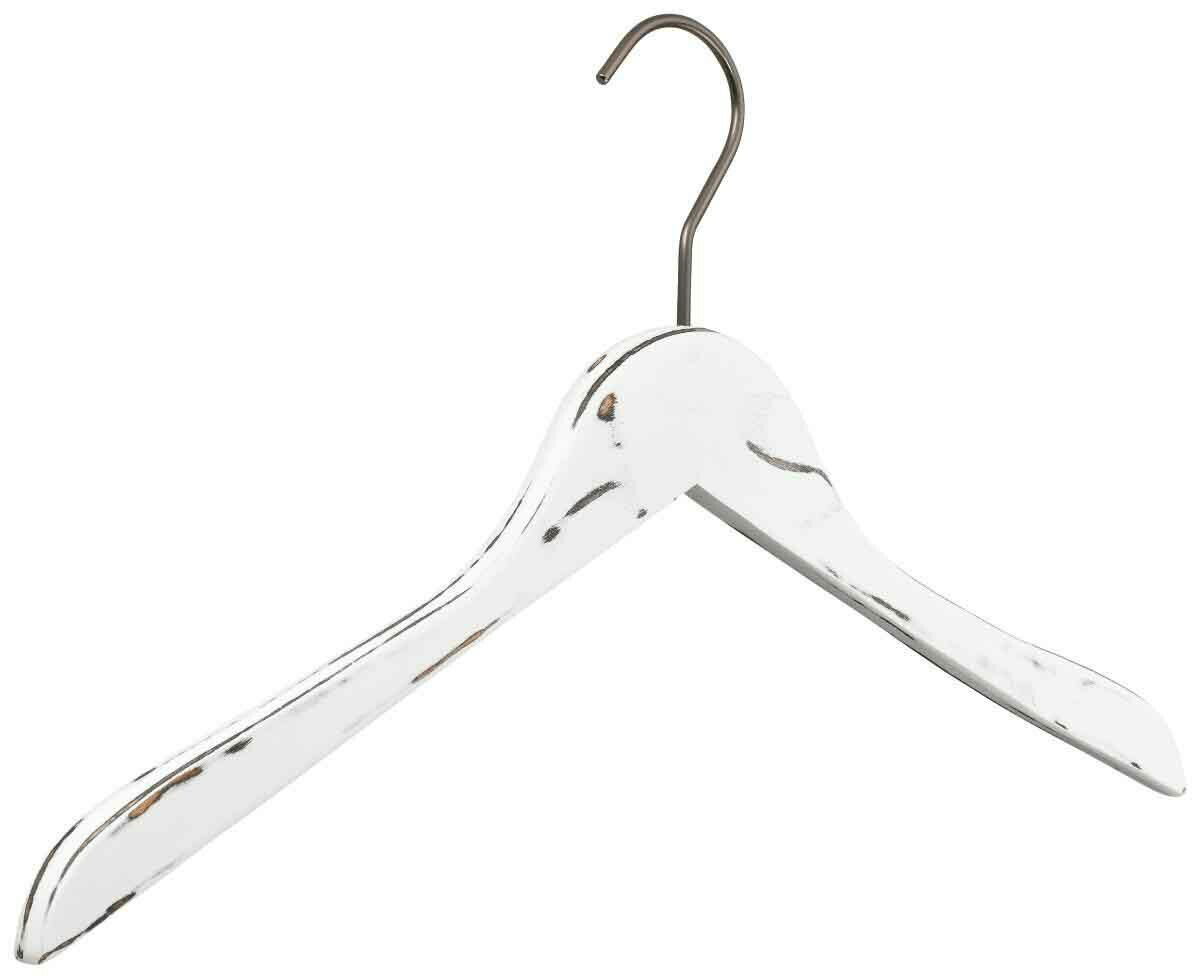 Weißer Kleiderbügel aus Holz mit Metallhaken, seitliche Perspektive