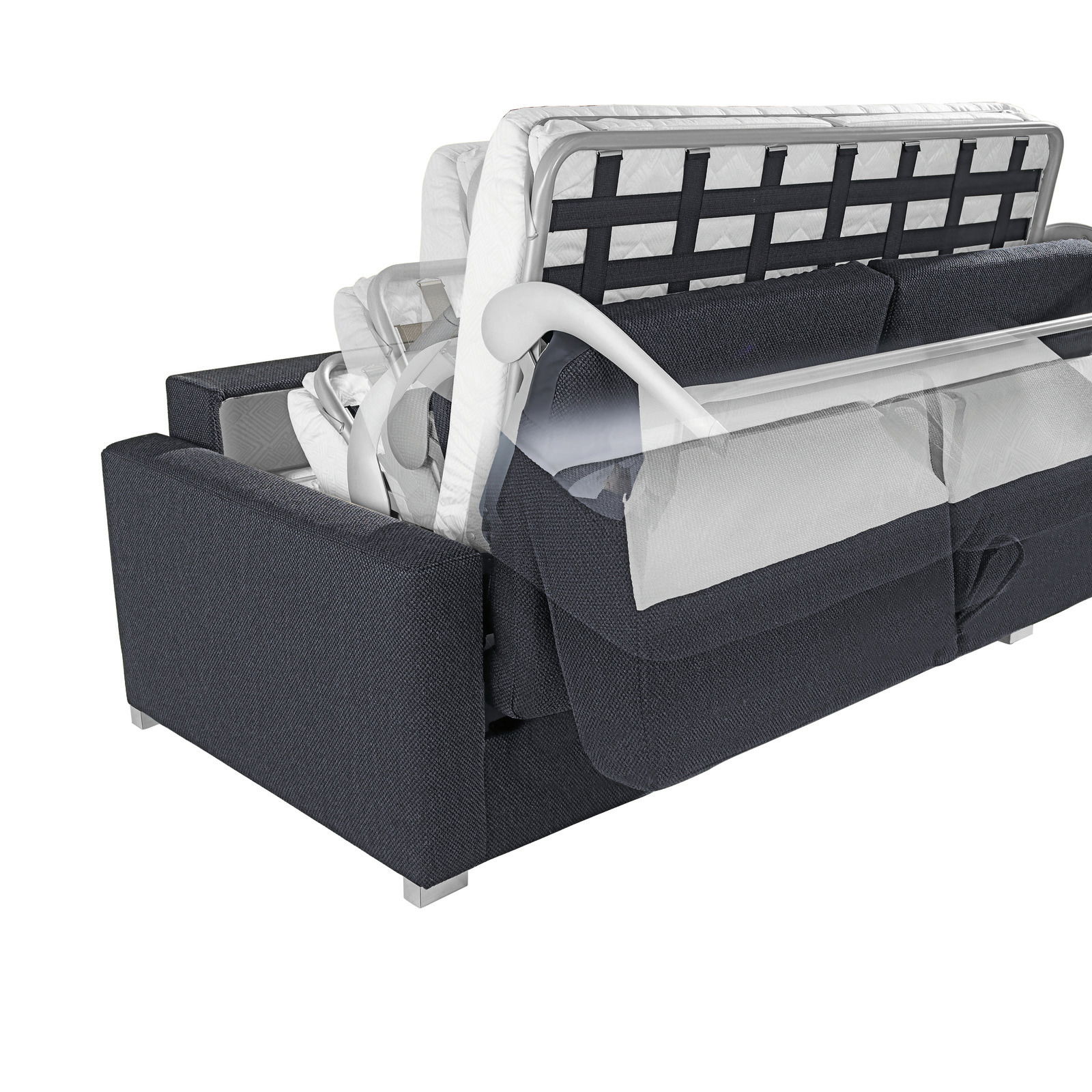 Rückansicht eines Verwandlungssofas in dunklem Stoff, teilweise ausgeklappt, um die Umwandlungsmechanik zu zeigen.