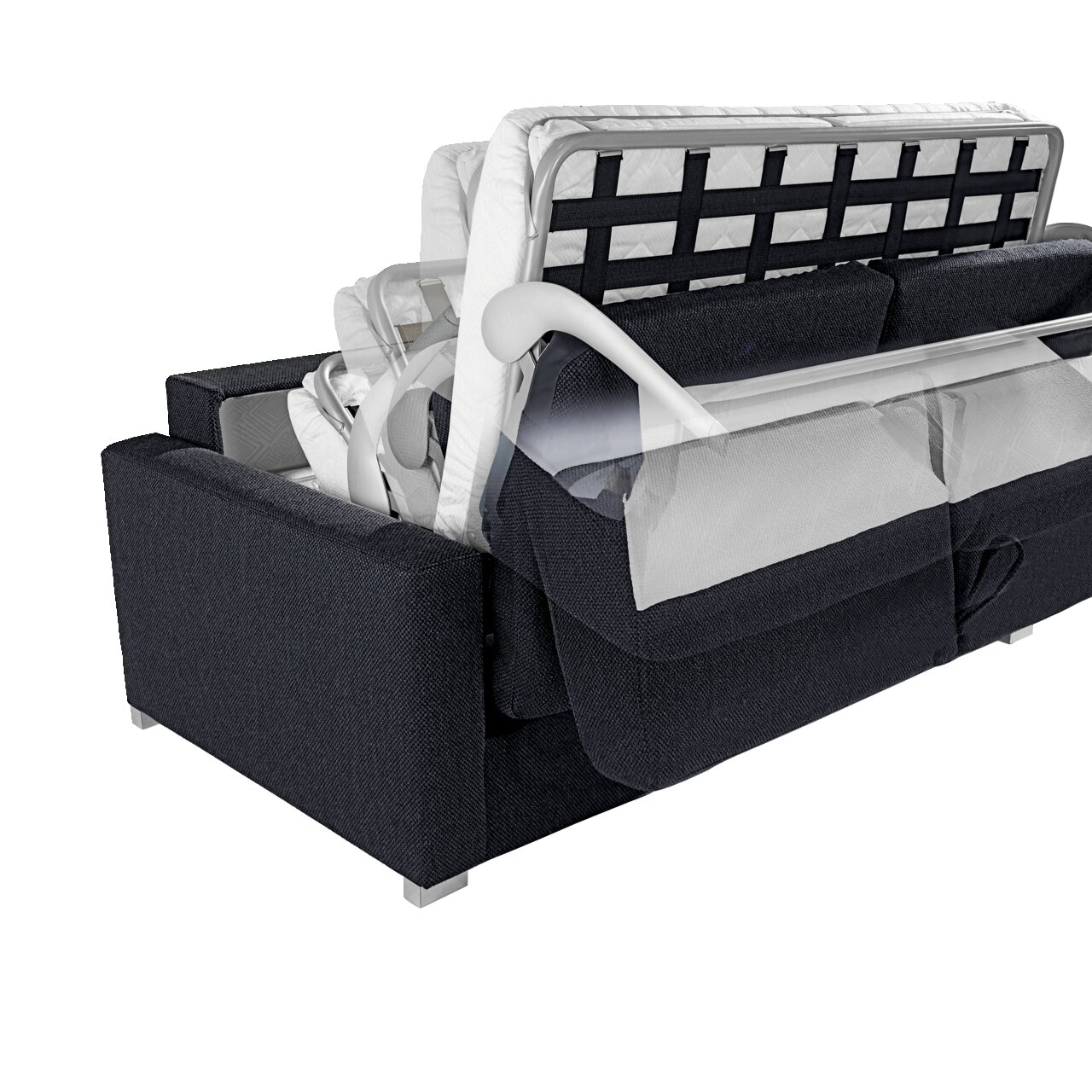 Rückansicht eines Verwandlungssofas in dunklem Stoff, teilweise ausgeklappt, um die Umwandlungsmechanik zu zeigen.