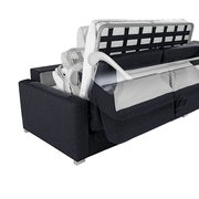 Rückansicht eines Verwandlungssofas in dunklem Stoff, teilweise ausgeklappt, um die Umwandlungsmechanik zu zeigen.